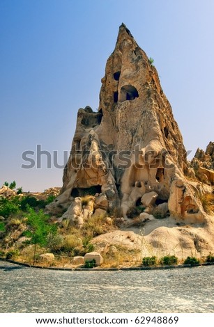 Bizarre rock formerly used as dwelling house in Cappadocia, famous tourist destination in central Turkey known for its unique geological landscapes