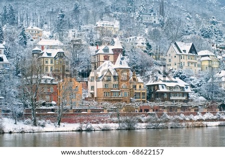 Snow covered traditional mansions in Heidelberg, Germany