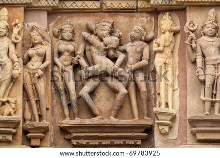 Erotic sculpture in hindu temple in Khajuraho, India