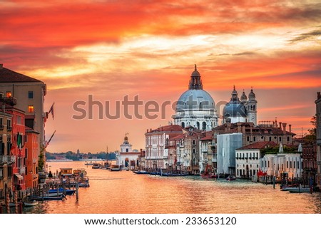 Venice, Italy. View over Canal Grande to basilica of Santa Maria della Salute on sunrise.
