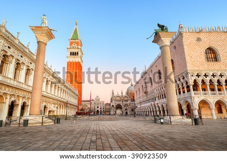 Piazza San Marco with Doge\'s Palace and Campanile on sunrise, Venice, Italy