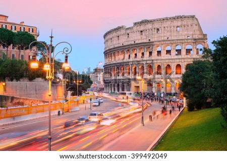 The ruins of Colosseum in the city center of Rome, Italy, on sunset