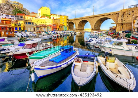 Small fishing harbor Vallon des Auffes with traditional picturesque houses and boats, Marseilles, France