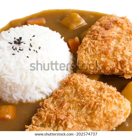 Japanese curry rice , fried fish curry on white isolate.