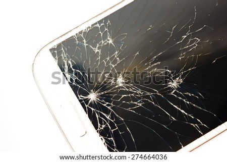Closeup broken touch screen of white smart phone. On white background.