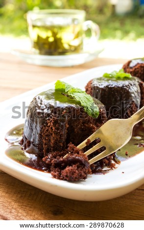 Fork cutting chocolate cake with chocolate sauce on white plate. On wood table and garden view. Home made.