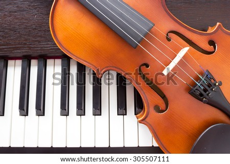 Violin and piano keyboard. Music background. Top view.