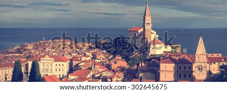 Panoramic view of adriatic sea and city of Piran in Istria, Slovenia