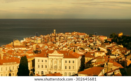 Panoramic view of adriatic sea and city of Piran in Istria, Slovenia