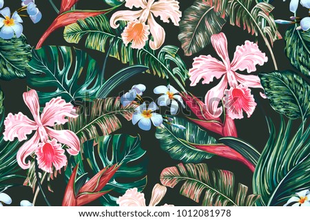 Tropical floral seamless vector pattern background with exotic flowers, palm leaves, jungle leaf, orchid, bird of paradise flower. Botanical wallpaper illustration in Hawaiian style