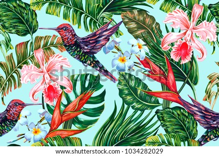 Tropical floral summer seamless vector pattern background with exotic flowers, hummingbirds, palm leaves, jungle leaf, hibiscus, orchid, bird of paradise flower. Botanical wallpaper illustration