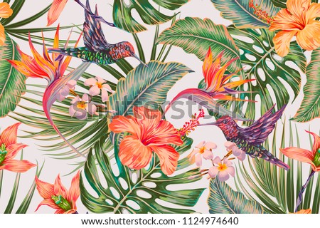 Tropical floral seamless vector pattern background with exotic flowers, hummingbirds, palm leaves, jungle leaf, orchid, strelitzia, bird of paradise flower. Vintage botanical wallpaper illustration