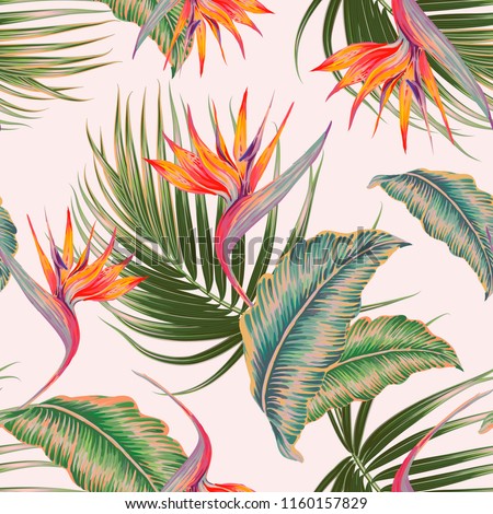 Tropical floral vector seamless pattern background with exotic flowers, palm leaves, jungle leaf, strelitzia, bird of paradise flower. Vintage botanical illustration wallpaper in Hawaiian style