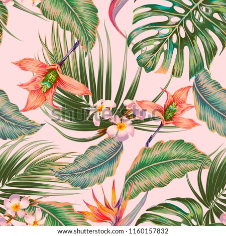 Floral seamless vector tropical pattern background with exotic flowers, orchid, palm leaves, jungle leaf, bird of paradise flower. Botanical vintage wallpaper illustration