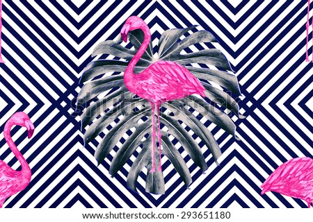 Beautiful seamless vector floral tropical pattern background with watercolor pink flamingos and jungle leaves. Abstract stripped geometric texture