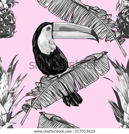 Monochrome toucan, exotic bird, tropical palm leaves, pineapple, beautiful seamless vector floral pattern background