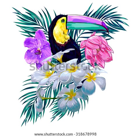 Toucan, exotic bird, tropical flowers, palm leaves, orchid, pink lotus, jungle. Beautiful vector floral illustration isolated on white background, exotic print, paradise