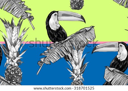 Monochrome toucan, exotic birds, tropical palm leaves, pineapple, beautiful seamless vector floral pattern background. Abstract stripped geometric texture