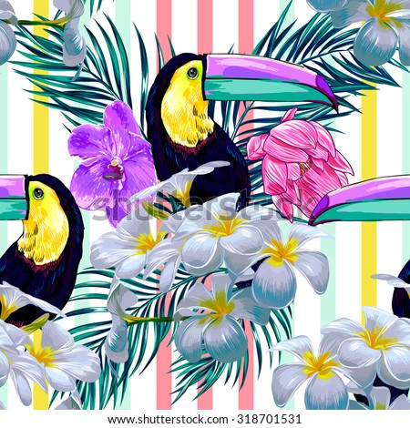 Toucan, exotic birds, tropical flowers, palm leaves, orchid, pink lotus, jungle, beautiful seamless vector floral pattern background, wallpaper. Abstract stripped geometric texture