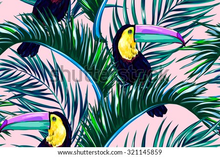 Toucan, exotic birds, tropical palm leaves, jungle, beautiful seamless vector floral pattern background