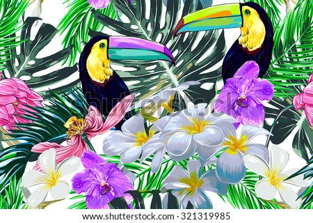 Toucan, exotic birds, tropical flowers, palm leaves, orchid, pink lotus, jungle, beautiful seamless vector floral pattern background, wallpaper