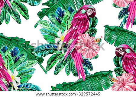 Parrot, exotic birds, tropical flowers, palm leaves, tree, hibiscus, jungle, beautiful seamless vector floral pattern background