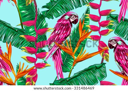Parrot, exotic birds, tropical flowers, palm leaves, bird of paradise flower, jungle, beautiful seamless vector floral pattern background