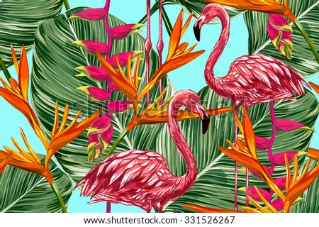 Pink flamingo, exotic birds, tropical flowers, palm leaves, bird of paradise flower, jungle, beautiful seamless vector floral pattern background