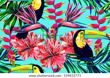 Toucan, exotic birds, tropical flowers, palm leaves, hibiscus, bird of paradise flower. Beautiful seamless vector floral jungle pattern background