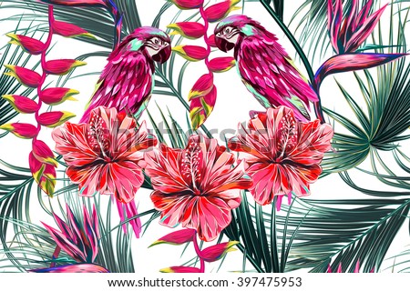 Parrots, tropical flowers, palm leaves, hibiscus, bird of paradise flower, jungle, beautiful seamless vector floral summer pattern background