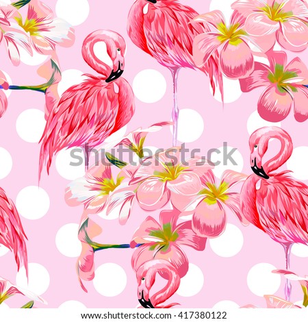 Beautiful seamless vector floral pattern background with pink flamingos, tropical flowers. Abstract geometric texture, polka dot