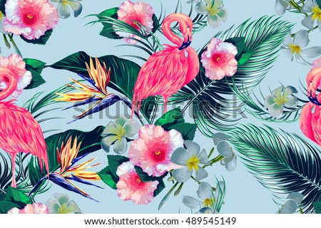 Tropical flowers, palm leaves, jungle plants, hibiscus, bird of paradise flower, pink flamingos, seamless vector floral exotic pattern background