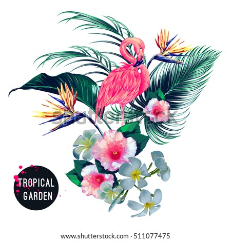 Tropical flowers, palm leaves, jungle plants, hibiscus, bird of paradise flower, pink flamingo, hawaiian bouquet. Beautiful floral exotic vector illustration isolated on white background