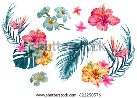 Tropical flowers, palm leaves, jungle leaf, bird of paradise flower, hibiscus. Vector exotic illustrations, floral elements isolated, Hawaiian bouquet for greeting card, wedding, wallpaper
