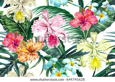 Floral seamless vector tropical pattern, spring summer background with exotic flowers, palm leaves, jungle leaf, hibiscus, orchid flower. Botanical wallpaper, illustration in Hawaiian style