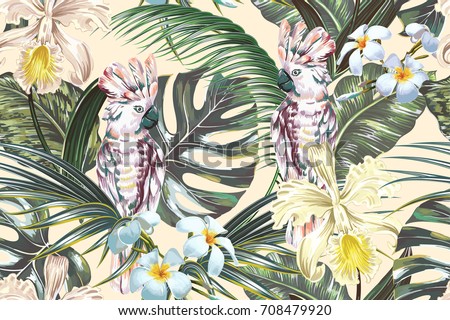 Tropical floral vector seamless pattern background with parrots, cockatoo birds, exotic flowers, palm leaves, jungle leaf, monstera, orchid flower. Vintage botanical wallpaper