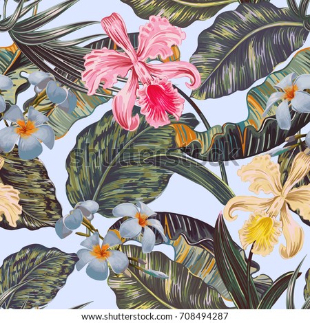 Floral seamless vector tropical pattern background with exotic flowers, palm leaves, jungle leaf, orchid flower. Botanical wallpaper, vintage illustration in Hawaiian style