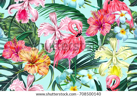 Floral seamless vector tropical pattern background with exotic flowers, palm leaves, jungle leaf, hibiscus, orchid flower, pink flamingos. Botanical wallpaper, illustration in Hawaiian style