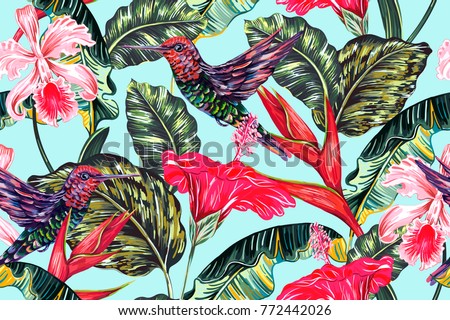 Tropical seamless vector pattern background with exotic flowers, hummingbirds, palm leaves, jungle leaf, hibiscus, orchid flower, bird of paradise. Botanical vintage colorful illustration