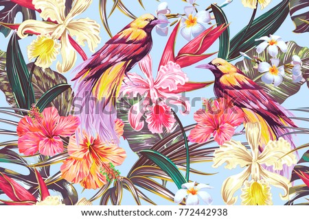 Tropical seamless vector pattern background with exotic flowers, palm leaves, jungle leaf, hibiscus, orchid flower, bird of paradise. Vintage vector botanical illustration
