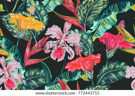 Tropical seamless vector floral pattern with exotic flowers, palm leaves, jungle leaf, hibiscus, orchid, bird of paradise flower. Vintage botanical illustration in Hawaiian style on dark background