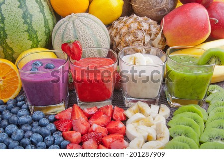 Colorful smoothies and fruits