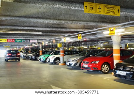 Warsaw, Poland - August 3, 2015 Parking of rental cars of Warsaw Chopin Airport