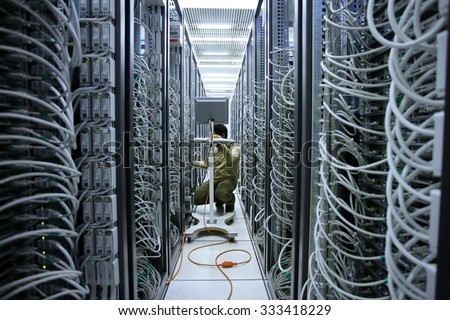 Milan, Italy - October 27, 2015 : Network modern server room with computers for digital communications and internet