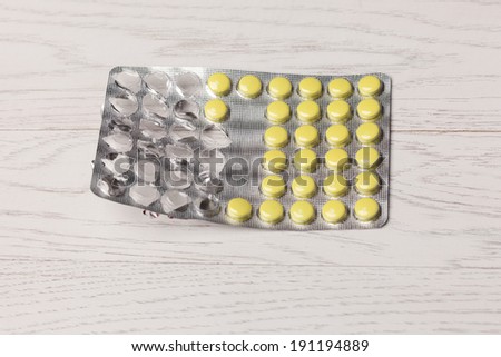 Yellow pills in blister pack on wooden table