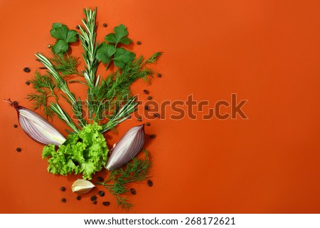 Red food background with fresh aromatic herbs and spices, copy space, top view