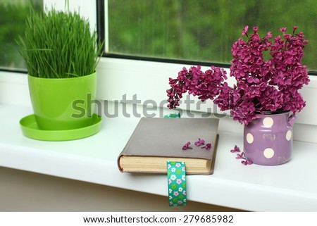 lilacs in a vase and an open book on the window
