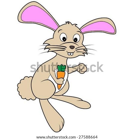 stock vector : cute brown happy cartoon bunny rabbit holding a carrot