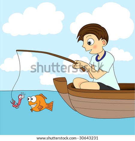 cartoon fisherman in boat. stock photo : Boy Fishing In A