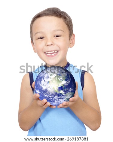 Smiling boy holding planet earth in hands.Elements of this image furnished by NASA